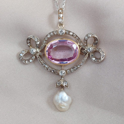 Edwardian Antique Pink Topaz and Diamond Brooch Pendant
