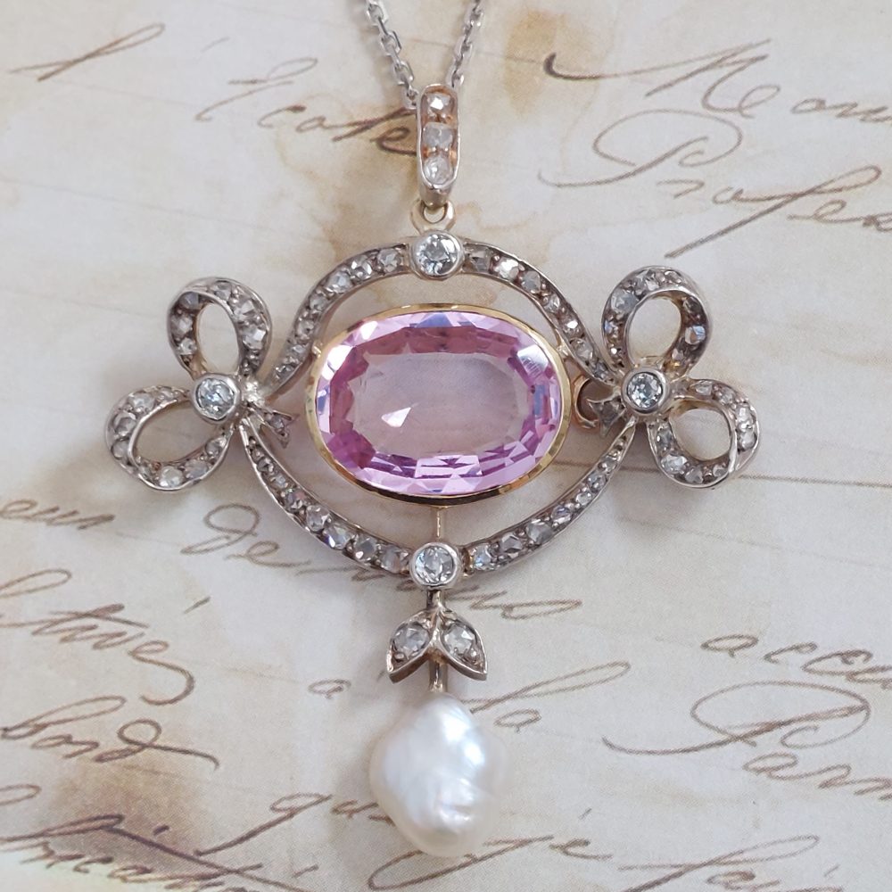 Edwardian Antique Pink Topaz and Diamond Brooch Pendant