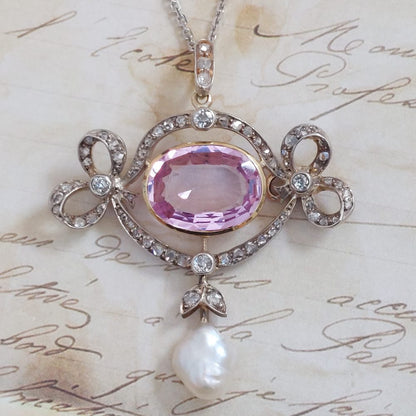 Edwardian Antique Pink Topaz and Diamond Brooch Pendant