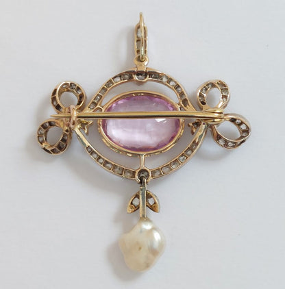 Edwardian Antique Pink Topaz and Diamond Brooch Pendant