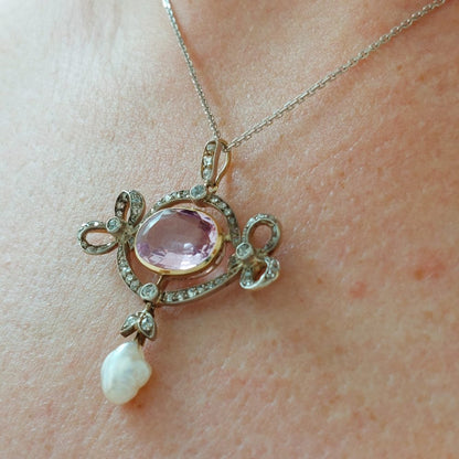 Edwardian Antique Pink Topaz and Diamond Brooch Pendant