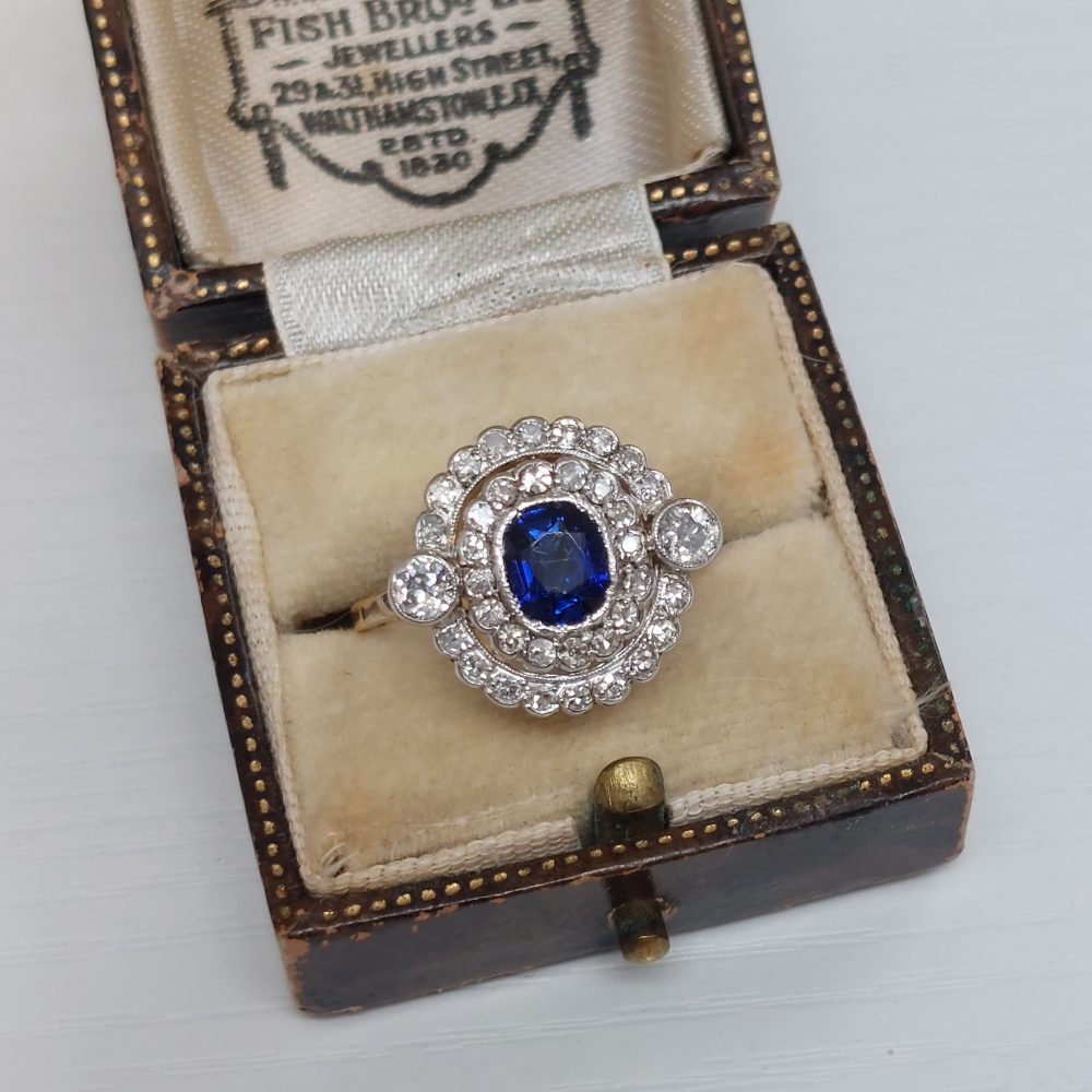 Antique French Sapphire and Diamond Double Cluster Ring