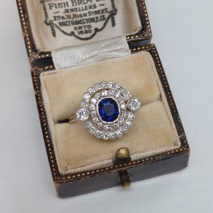 Antique French Sapphire and Diamond Double Cluster Ring