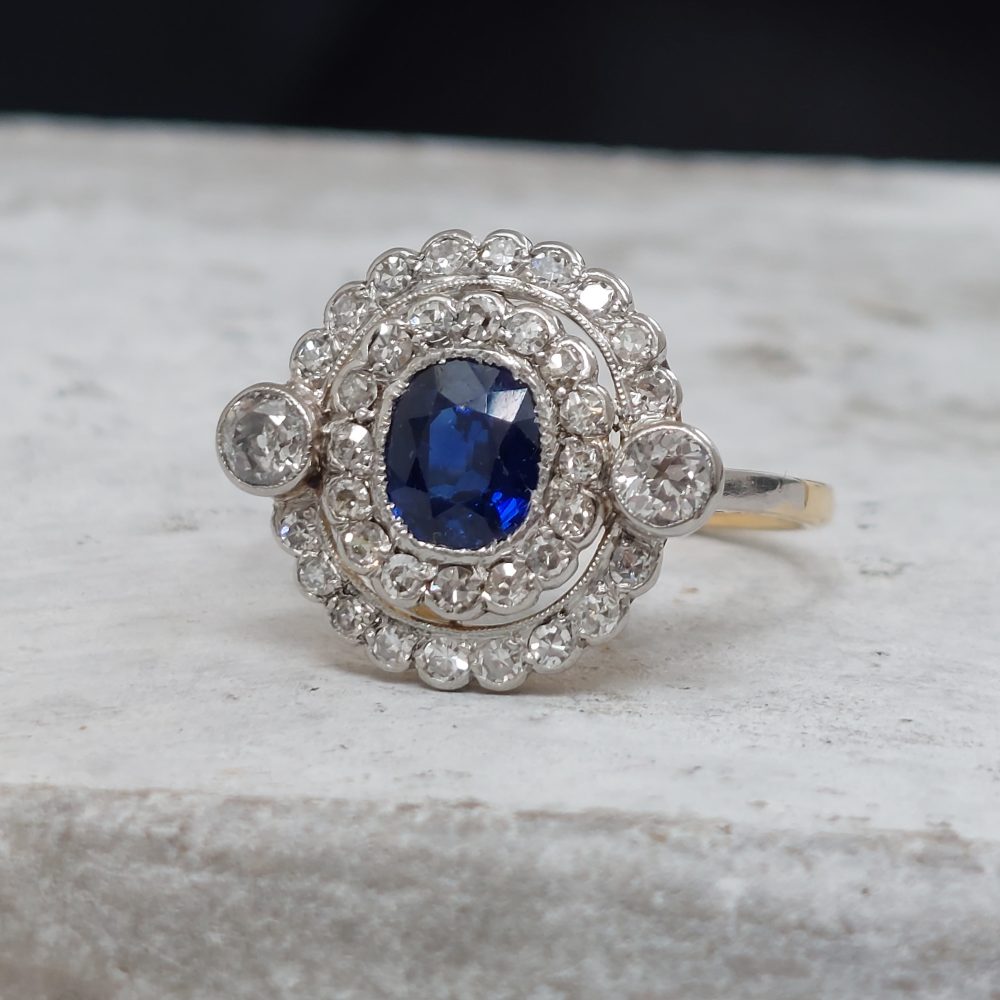 Antique French Sapphire and Diamond Double Cluster Ring