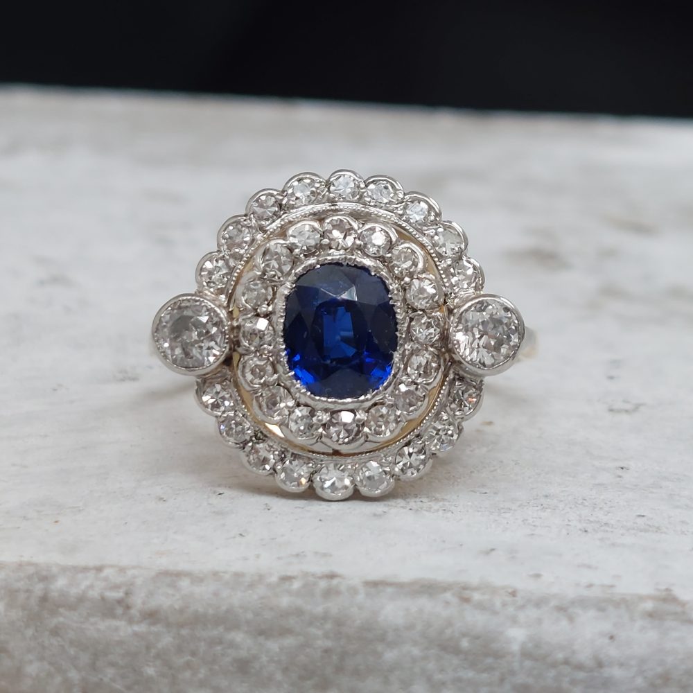 Antique French Sapphire and Diamond Double Cluster Ring