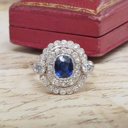 Antique French Sapphire and Diamond Double Cluster Ring