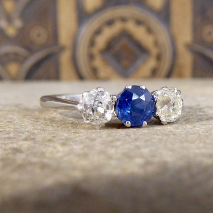 Edwardian Antique Sapphire and Old Cut Diamond Three Stone Ring