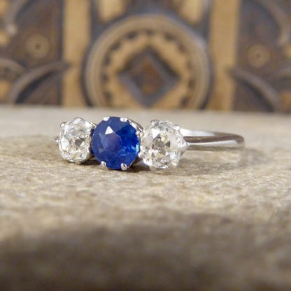 Edwardian Antique Sapphire and Old Cut Diamond Three Stone Ring