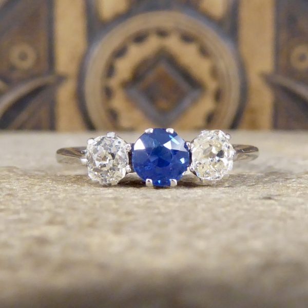 Edwardian Antique Sapphire and Old Cut Diamond Three Stone Ring