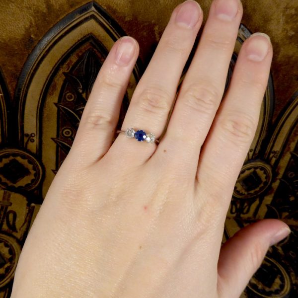 Edwardian Antique Sapphire and Old Cut Diamond Three Stone Ring