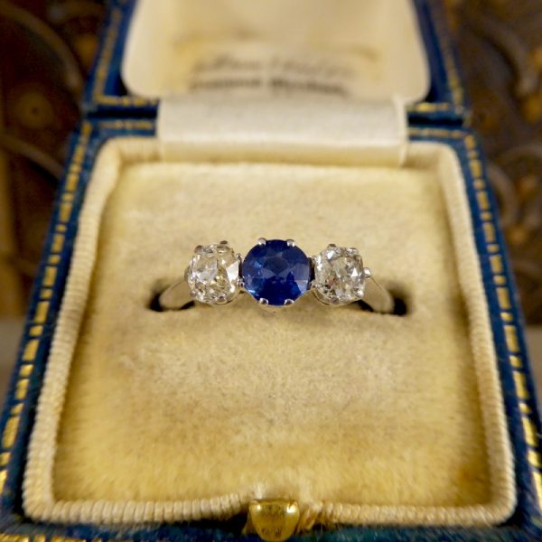 Edwardian Antique Sapphire and Old Cut Diamond Three Stone Ring