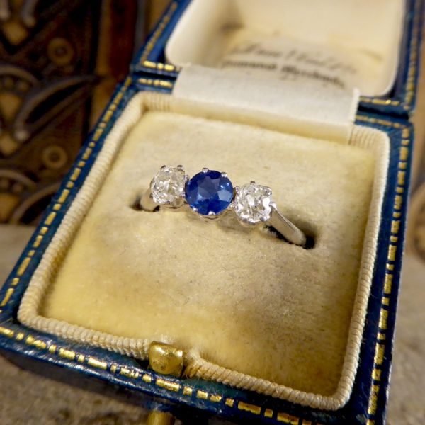Edwardian Antique Sapphire and Old Cut Diamond Three Stone Ring