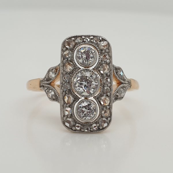 Edwardian Antique Three Stone Diamond Plaque Ring