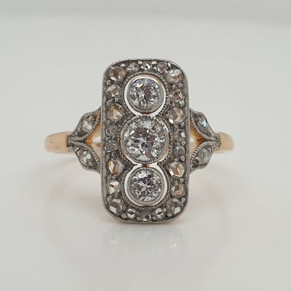 Edwardian Antique Three Stone Diamond Plaque Ring