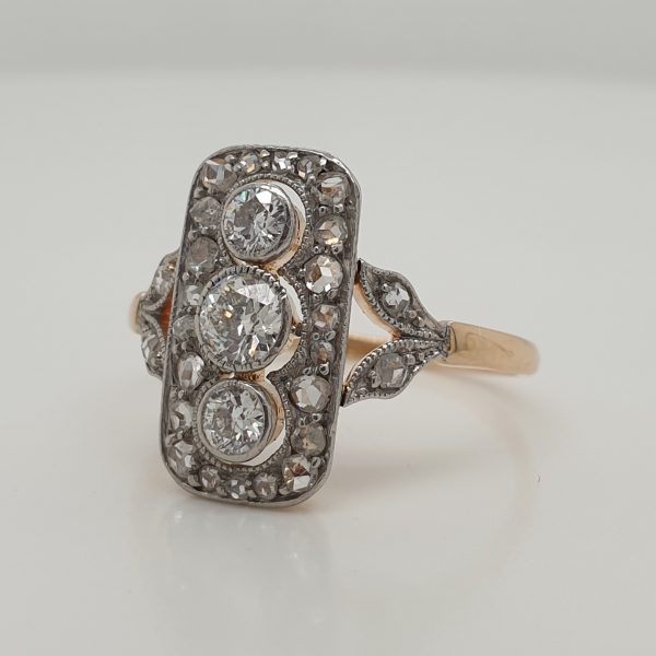 Edwardian Antique Three Stone Diamond Plaque Ring