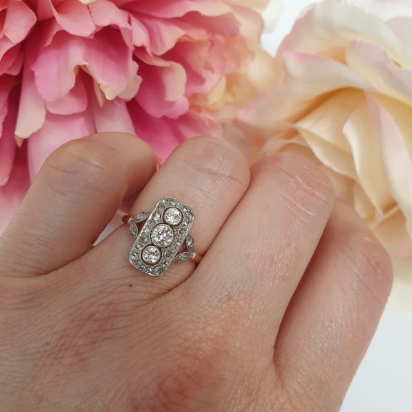 Edwardian Antique Three Stone Diamond Plaque Ring
