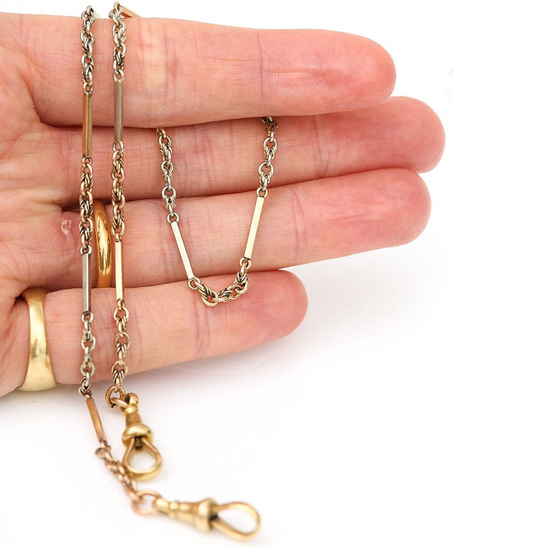 Edwardian Antique Bi Colour 18ct Gold Fancy Link Albert Chain Necklace