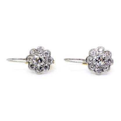 Edwardian Style Diamond Cluster Platinum and Gold Earrings