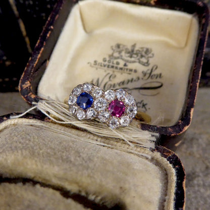 Edwardian Double Sapphire and Ruby Diamond Daisy Cluster Ring
