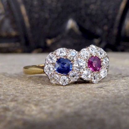 Edwardian Double Sapphire and Ruby Diamond Daisy Cluster Ring