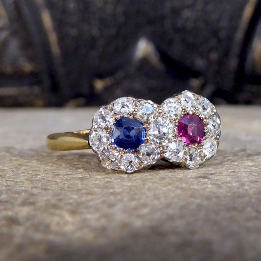 Edwardian Double Sapphire and Ruby Diamond Daisy Cluster Ring