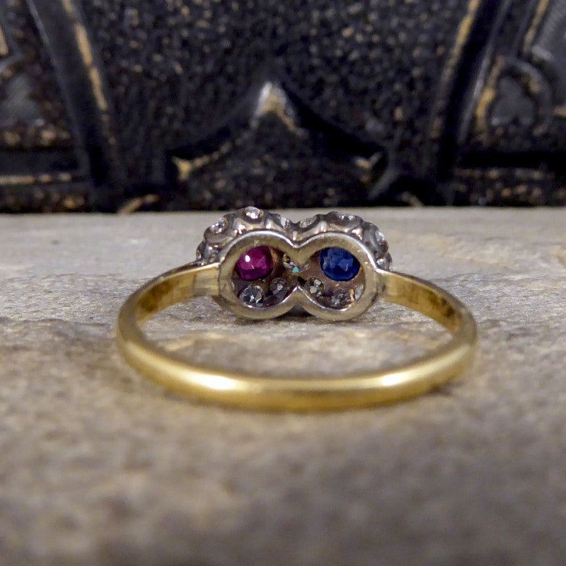 Edwardian Double Sapphire and Ruby Diamond Daisy Cluster Ring