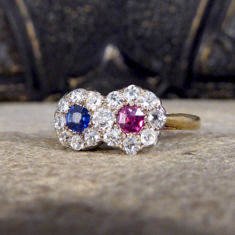 Edwardian Double Sapphire and Ruby Diamond Daisy Cluster Ring
