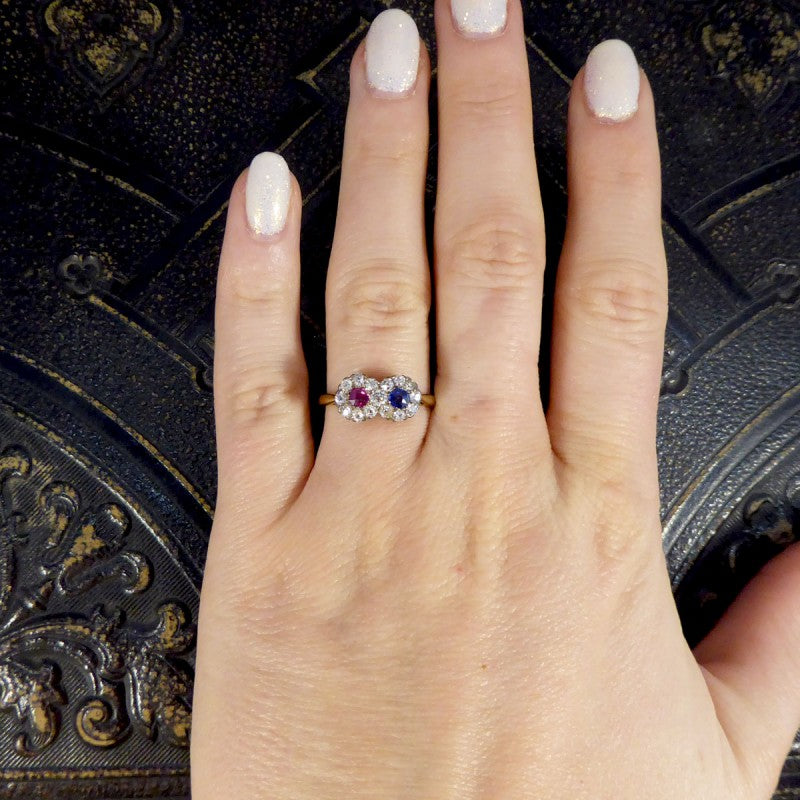 Edwardian Double Sapphire and Ruby Diamond Daisy Cluster Ring
