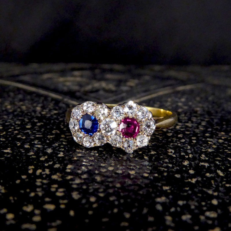 Edwardian Double Sapphire and Ruby Diamond Daisy Cluster Ring