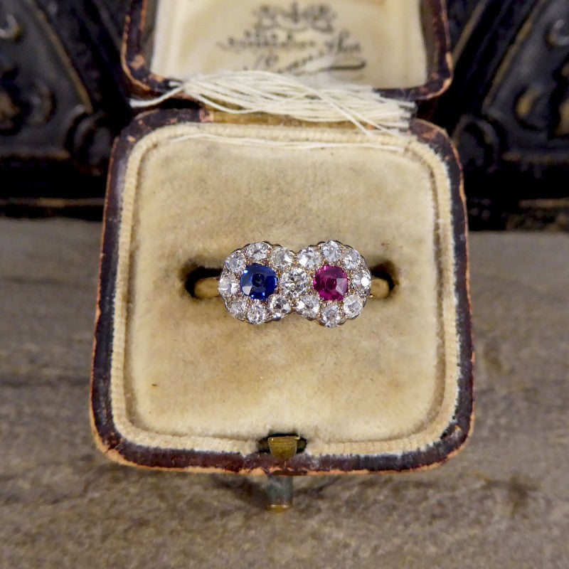 Edwardian Double Sapphire and Ruby Diamond Daisy Cluster Ring