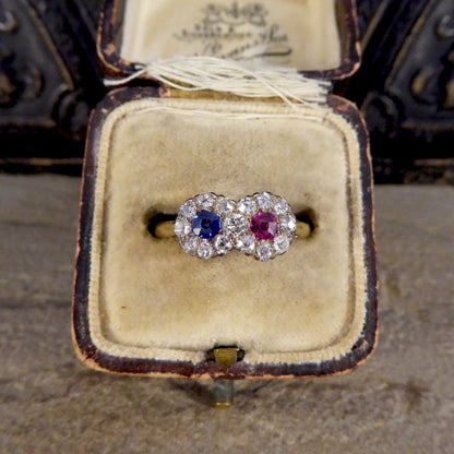 Edwardian Double Sapphire and Ruby Diamond Daisy Cluster Ring
