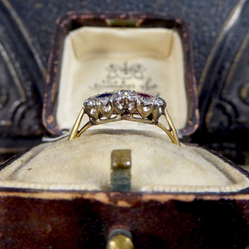 Edwardian Double Sapphire and Ruby Diamond Daisy Cluster Ring