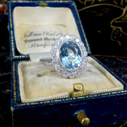 Edwardian Inspired 2.25ct Aquamarine and Diamond Cluster Ring