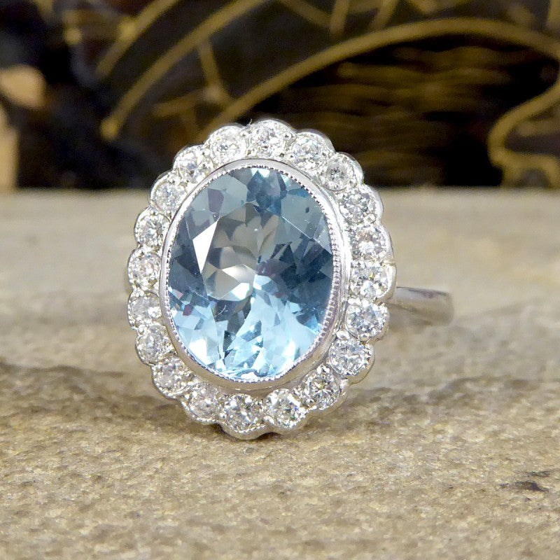 Edwardian Inspired 2.25ct Aquamarine and Diamond Cluster Ring