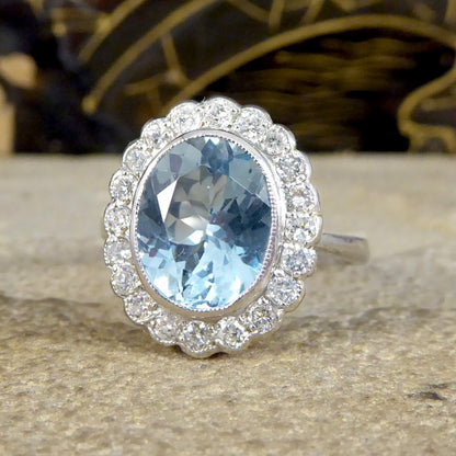 Edwardian Inspired 2.25ct Aquamarine and Diamond Cluster Ring
