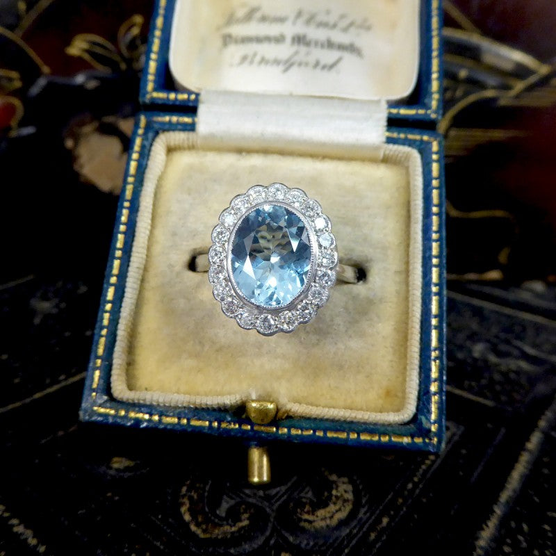 Edwardian Inspired 2.25ct Aquamarine and Diamond Cluster Ring