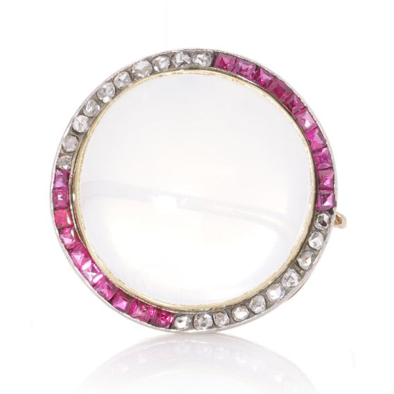 Antique Edwardian Cabochon Moonstone Ruby and Rose Cut Diamond Cluster Brooch