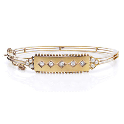Edwardian Antique Natural Pearl and Old European Cut Diamond Bangle Bracelet