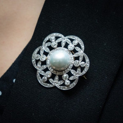 Edwardian Pearl and Diamond Platinum on Gold Brooch