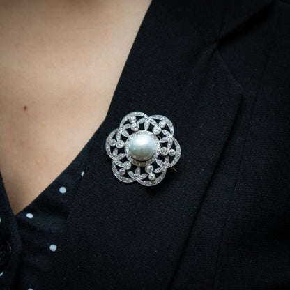 Edwardian Pearl and Diamond Platinum on Gold Brooch