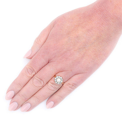 Antique Edwardian Pearl and Old Cut Diamond Cluster Engagement Ring