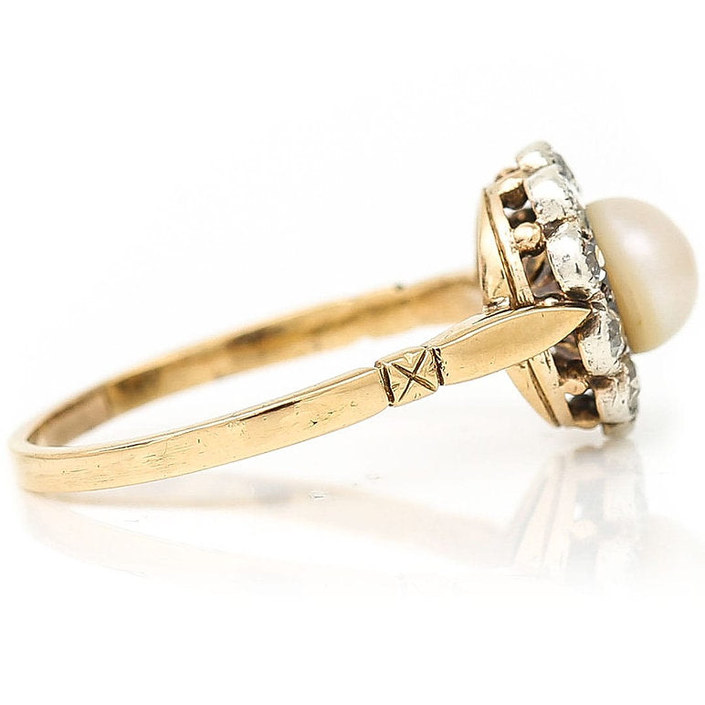 Antique Edwardian Pearl and Old Cut Diamond Cluster Engagement Ring