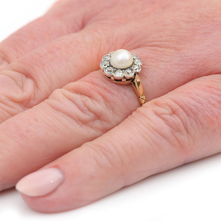 Antique Edwardian Pearl and Old Cut Diamond Cluster Engagement Ring