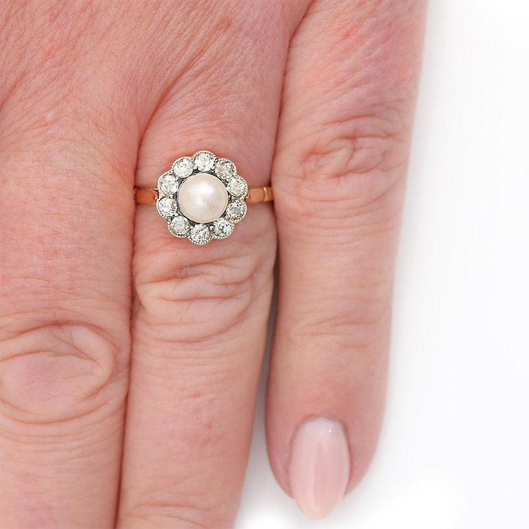 Edwardian Antique Pearl and Old Cut Diamond Cluster Ring