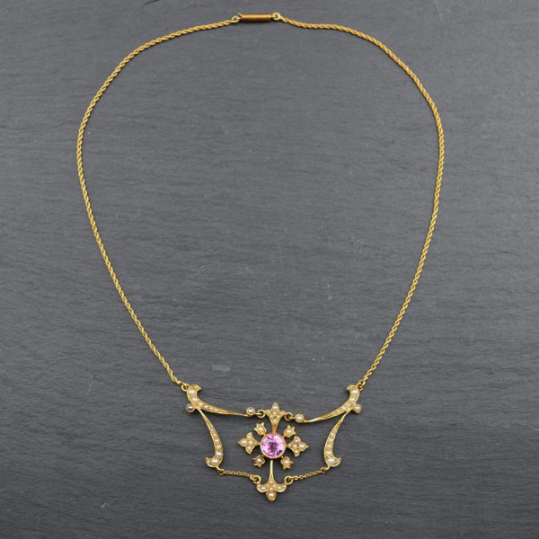 Antique Edwardian Pink Tourmaline and Split Pearl Necklace in 15ct gold