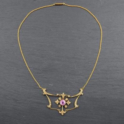 Antique Edwardian Pink Tourmaline and Split Pearl Necklace in 15ct gold