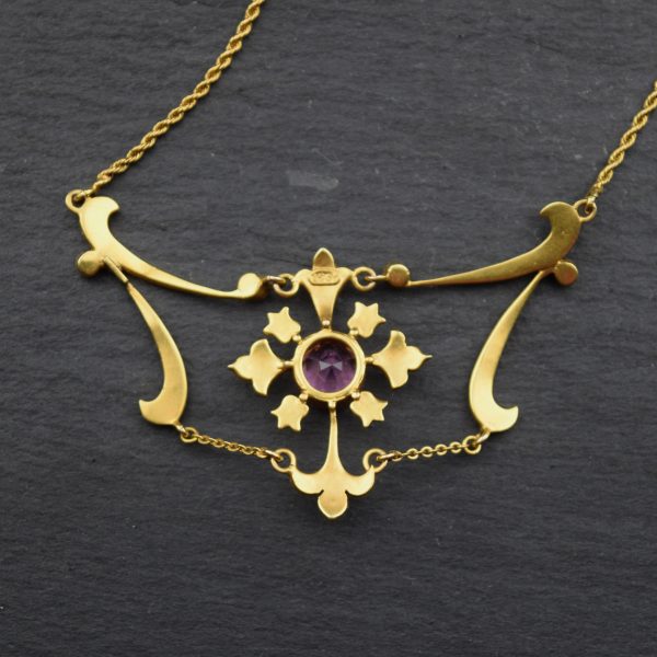 Antique Edwardian Pink Tourmaline and Split Pearl Necklace in 15ct gold