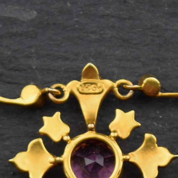 Antique Edwardian Pink Tourmaline and Split Pearl Necklace in 15ct gold