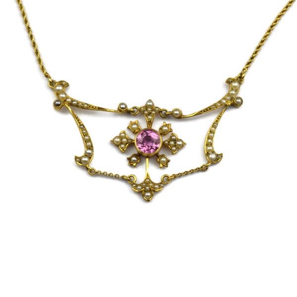 Antique Edwardian Pink Tourmaline and Split Pearl Necklace in 15ct gold