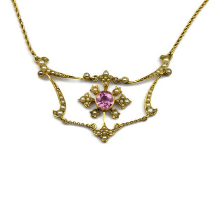 Antique Edwardian Pink Tourmaline and Split Pearl Necklace in 15ct gold
